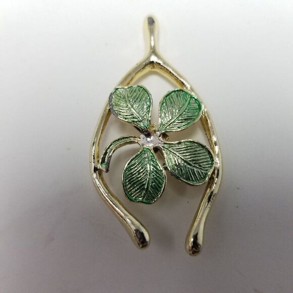 Vintage Gerry's Four Leaf Clover Wishbone Brooch, Green and Gold Tone, Good Luck - Picture 7 of 7